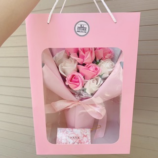 (Combo Set 3)Bó hoa sáp quà tặng 11b tặng thiệp và túi xách ( hồng vưa túi hồng)