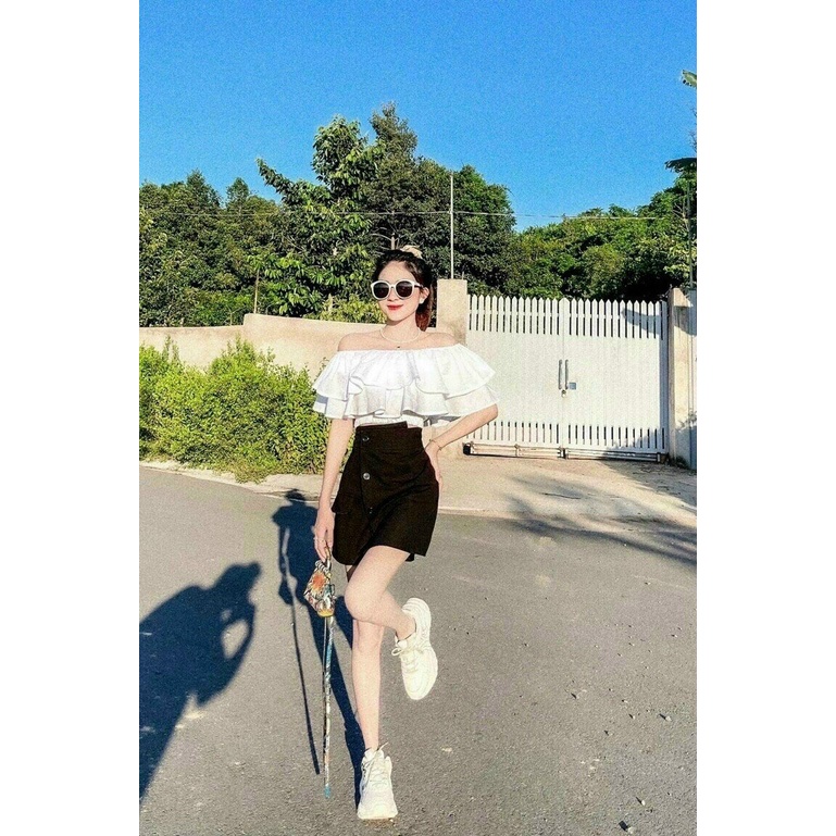 Sét bộ váy áo hở vai bánh bèo dáng croptop bo chun phối với quần giả váy siêu xinh 2 màu trắng và vàng cam