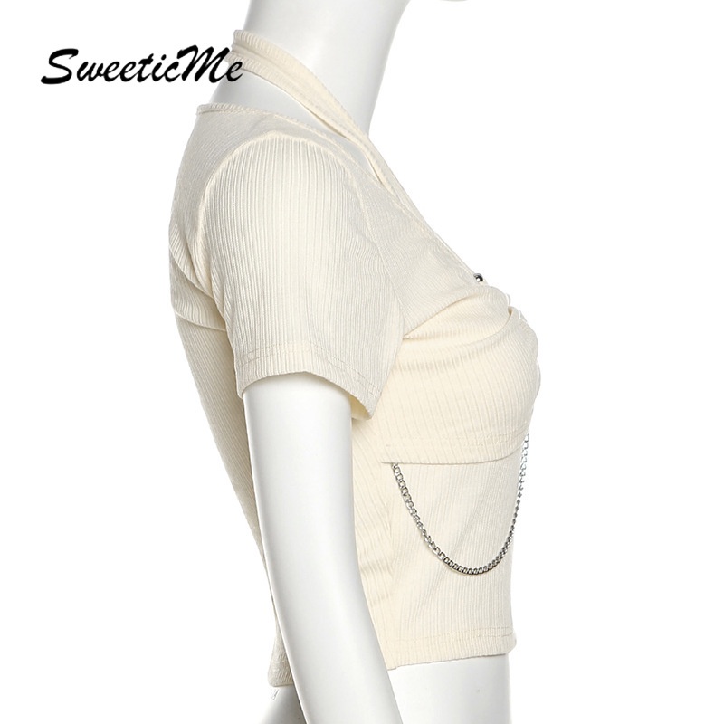 Áo Thun Croptop Mỏng Tay Ngắn Cổ Yếm Màu Trơn Phong Cách Đường Phố Thời Trang Cho Nữ