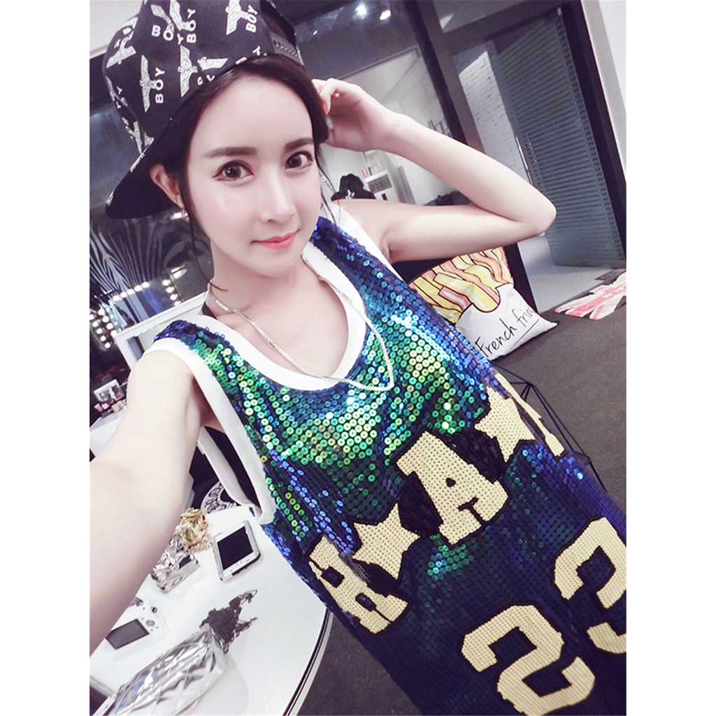 Áo Thun Hip-Hop Dáng Dài Đính Kim Sa 23 Chữ Cái Màu Đen / Bạc / Đỏ Lấp Lánh Phong Cách Jazz Cho Nữ 2047