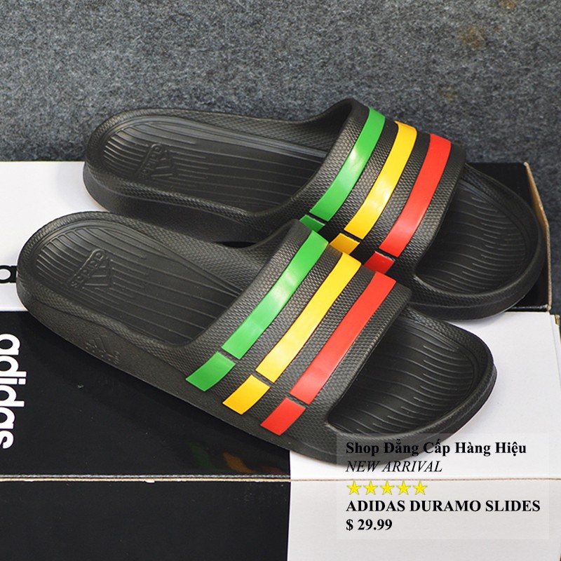 Dép Adidas Duramo màu đen sọc lá vàng đỏ