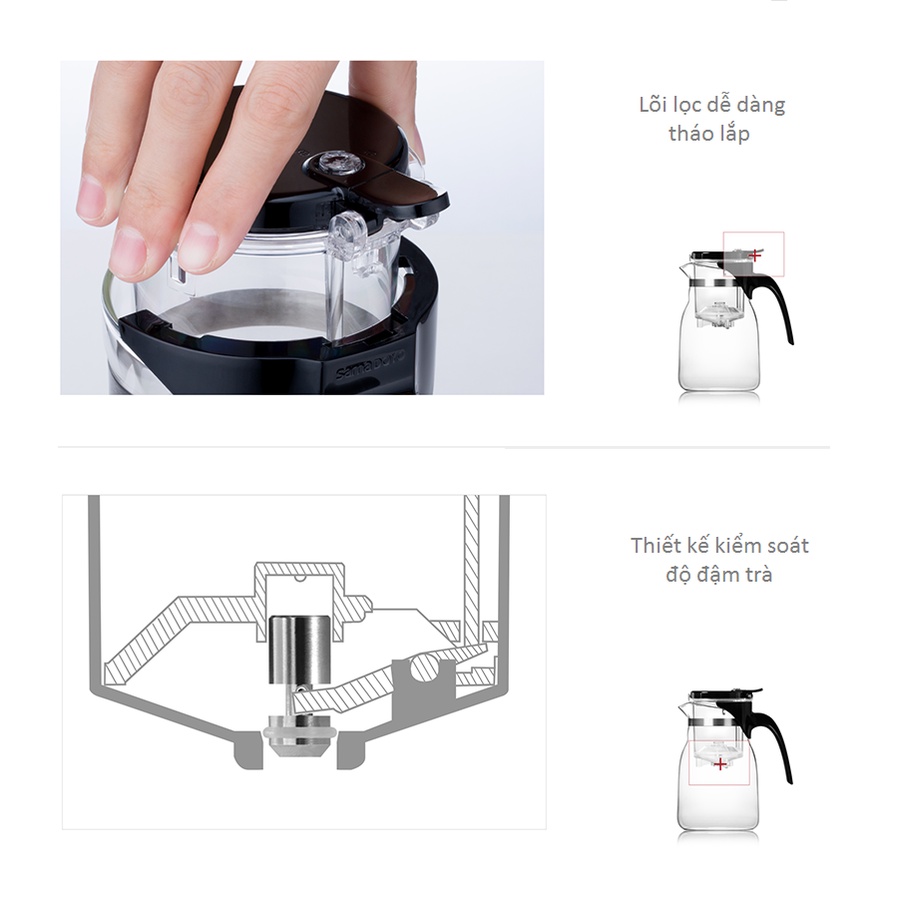 Ấm trà thủy tinh chịu nhiệt lõi lọc có van khóa A14 900mL - Bình lọc trà thủy tinh chịu nóng lạnh Samahome Shop