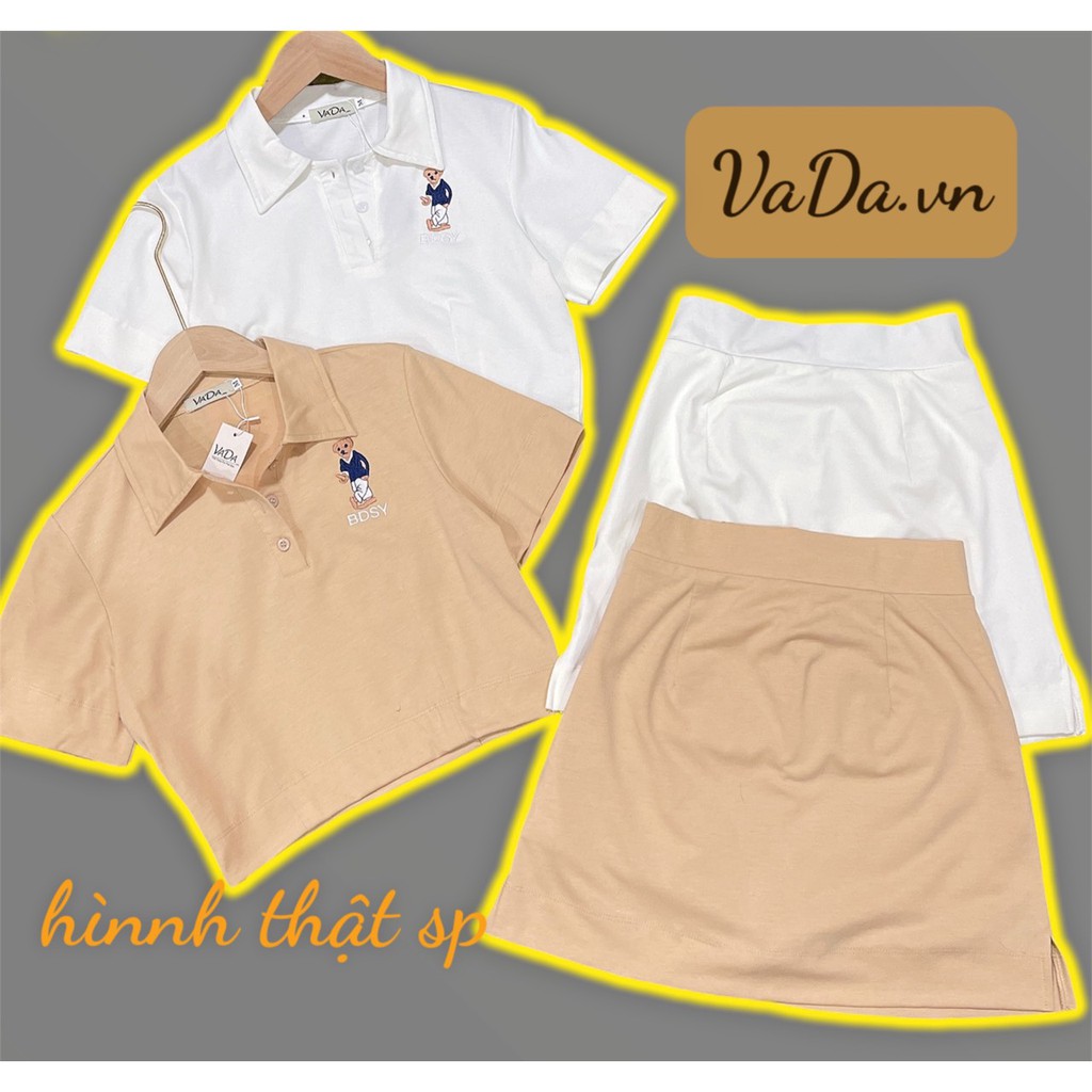 Set trang phục Áo thun tay ngắn croptop thêu Gấu  + Chân váy lót quần siêu xinh dễ thương 2021 - Thời trang VADA - SB6