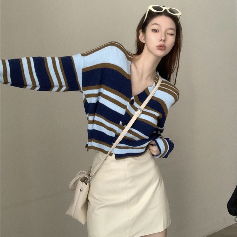 Áo cardigan ZHELIHANGFEI dệt kim tay dài cổ chữ V lưng cao kẻ sọc thiết kế quyến rũ cho nữ