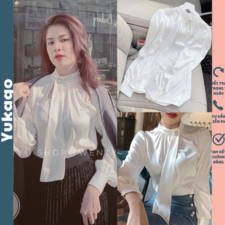 Áo sơ mi nữ màu trắng lụa tằm cài nơ yukago SF708