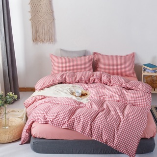Bộ drap & chăn phao cotton poly kẻ caro đỏ