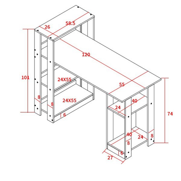 Bàn làm việc kèm giá sách khung gỗ melamin dày 17mm 4 màu cực sang trọng, bàn máy tính bàn học cho học sinh và làm việc