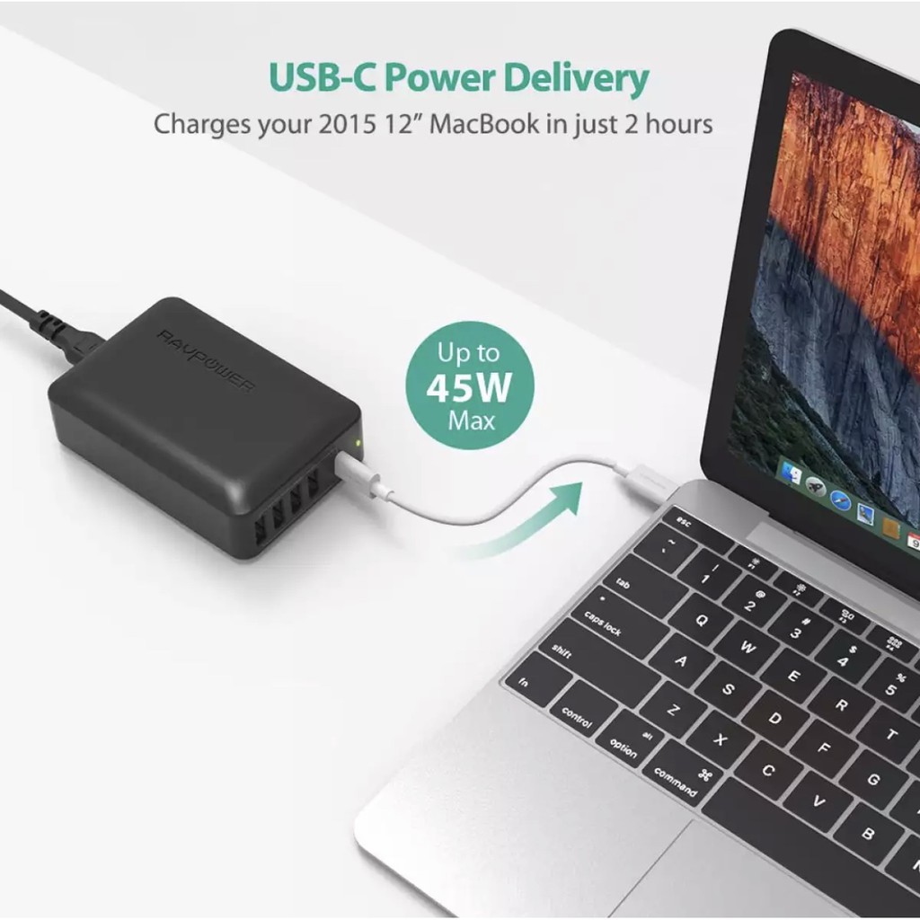 Củ Sạc Macbook, iPad Pro, iPhone 12 RAVPOWER RP-PC059 PD 60W (01 USB-C PD 45W & 04 USB-A iSmart 2.0)