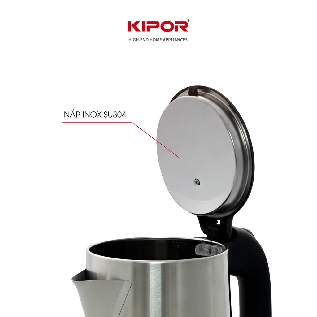 [Mã BMBAU50 giảm 10% đơn 99k] Ấm siêu tốc KIPOR KP-A318SA - 1.8L - Vỏ inox304, đế xoay 360 độ, Bảo hành tại nhà 12 tháng