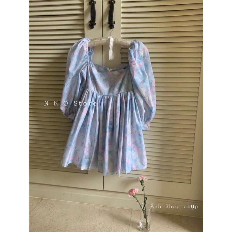 Váy Babydoll Hoa Nhí NKO Store Ngắn Dài Tay Cổ Vuông Hàng Quảnng Châu V18