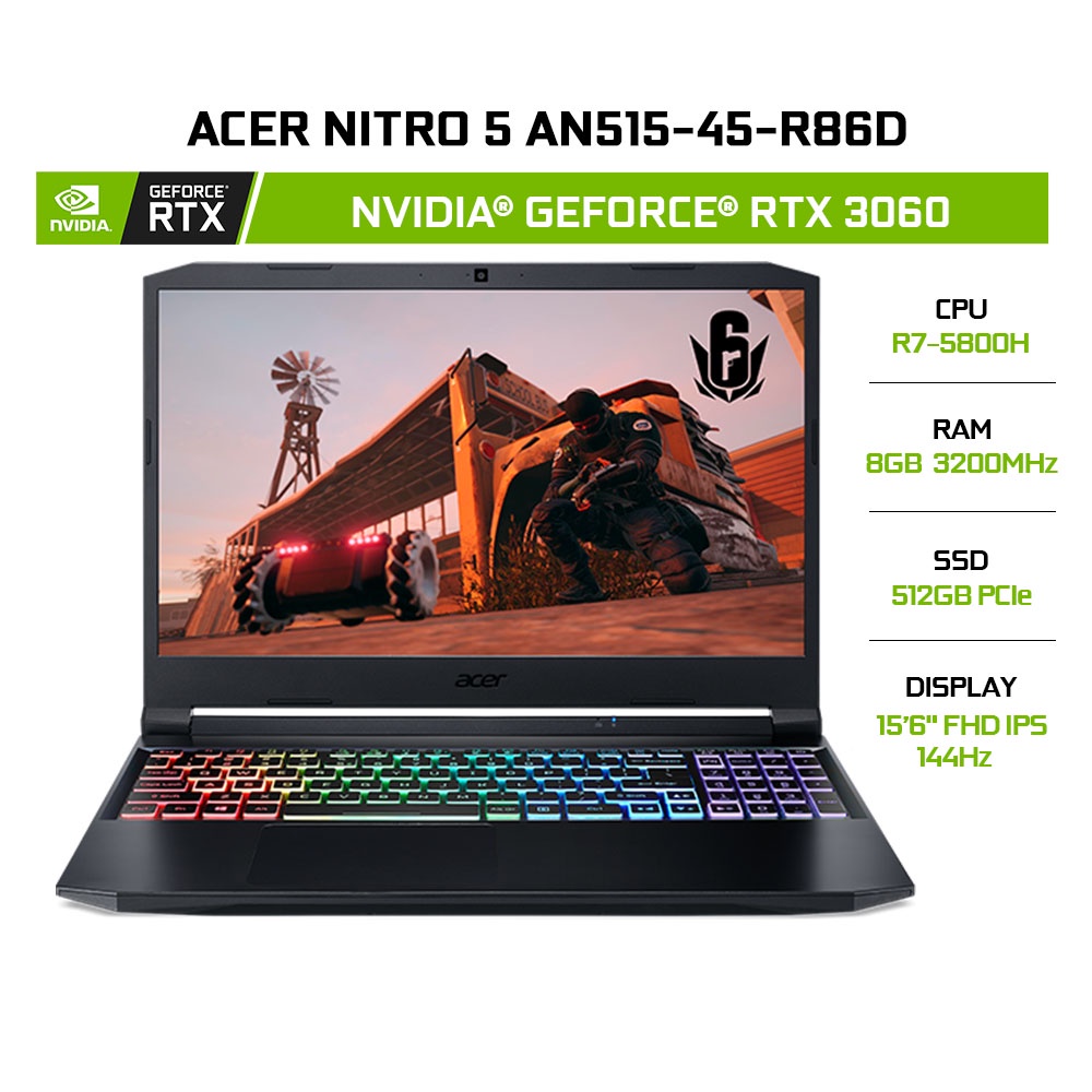 [ELBAU7 giảm 7%] Laptop Acer Nitro 5 AN515-45-R86D R7-5800H 8GB 512GB RTX3060 15.6'144Hz W11