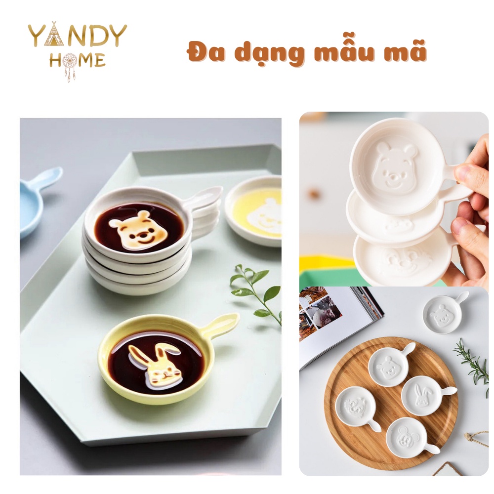 Đĩa nước chấm gốm sứ YANDY HOME D05 men bóng đẹp cute hình Pooh Micky Stich Sóc Thỏ