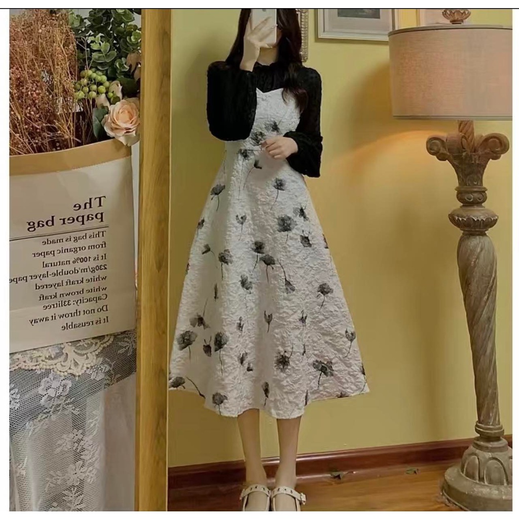 Set sơ mi dài tay + đầm hai dây dáng dài phong cách Retro 2022