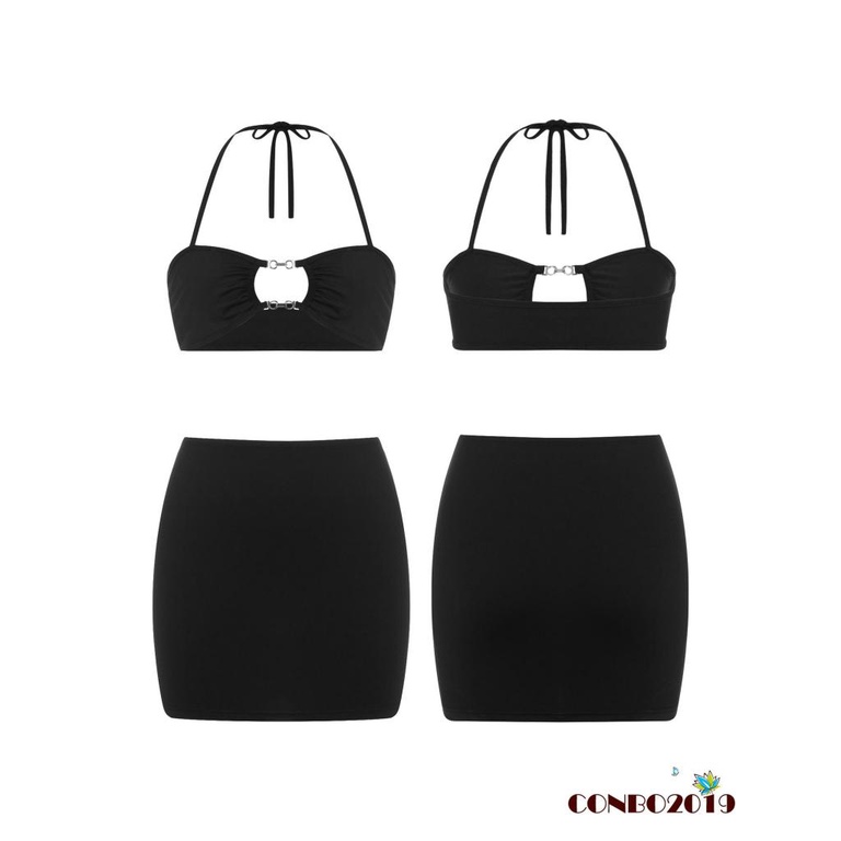 HGM-Women´s Three-Piece Clothes Outfit, Halterneck Sleeveless Hollow Out Tops + Thong + Skirt