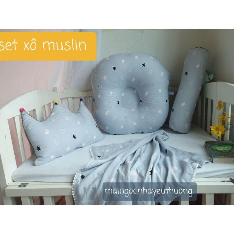 SET gối ôm ,nằm.gối chống trào,chăn cho bé vải xô Muslin