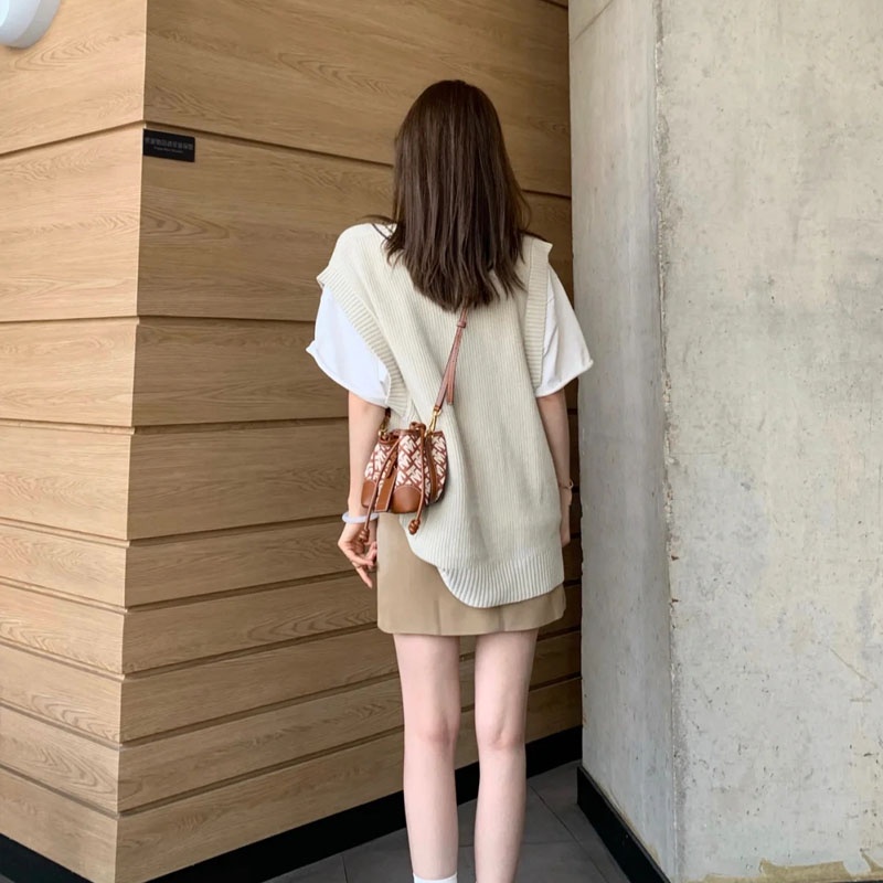 Set áo sơ mi dài tay cổ bẻ + áo khoác ghi lê thời trang nữ