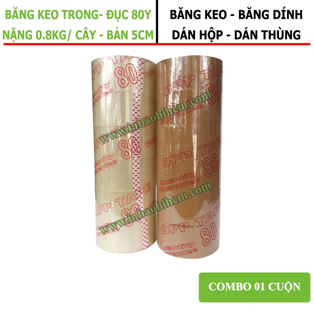 Băng keo trong, đục 80Y, lõi 4 li, nặng 0.8kg/ Cây, băng keo dán thùng, băng dính dán hộp, InbaobiHCM