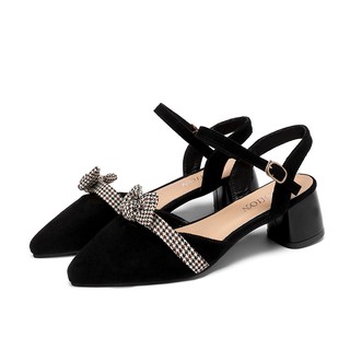 Giày Cao Gót Bít Mũi Cao Cấp Đính Nơ Da Lộn Đế Vuông 5 Phân Siêu Êm Chân CITAS Fashion