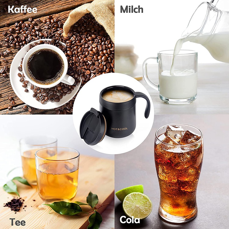 Cốc Uống Cà Phê Giữ Nhiệt Bằng Thép Không Gỉ Hai Lớp Có Tay Cầm Và Nắp Đậy