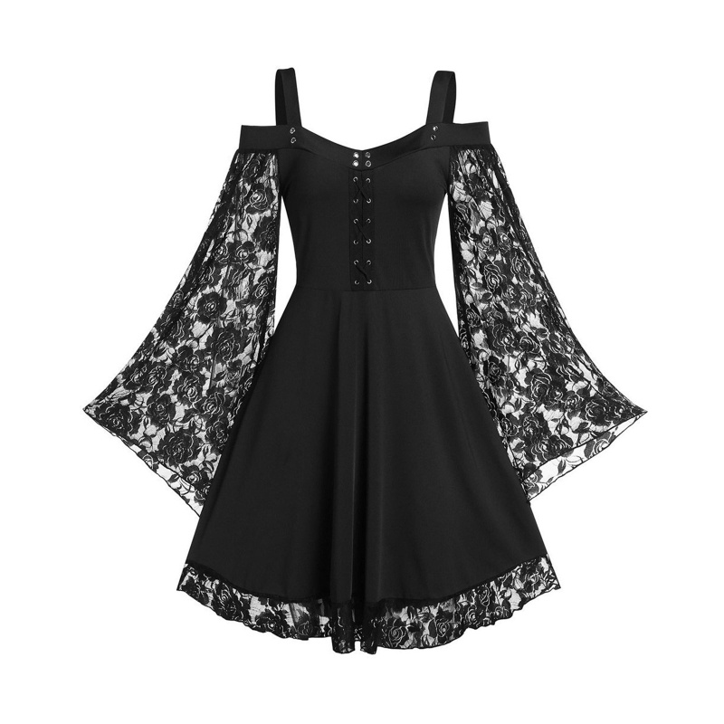 Youyo Đầm Midi Dáng Chữ A Xếp Ly Tay Chuông Phối Ren Phong Cách Harajuku Gothic Đường Phố Dự Tiệc Cho Nữ
