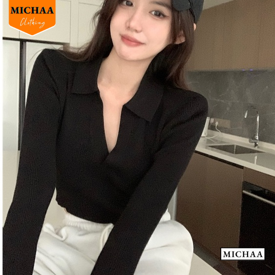 Áo Croptop Nữ Tay Dài CỔ BẺ XẺ V Ôm Body, Áo Thun Croptop Kiểu Sexy Chất Thun MICHAA CR68