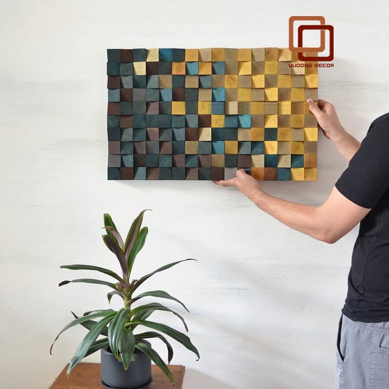 Tranh gỗ trang trí 3D tone XANH VÀNG ẤM ÁP (Wood mosaic) - (KÍCH THƯỚC 30x40 và 40X60cm)