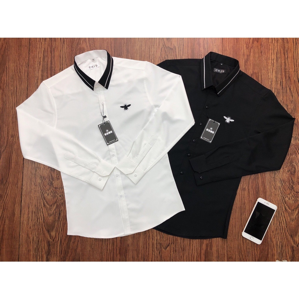 Áo sơ mi nam dài tay thêu hoạ tiết ong chất lụa thái mềm mịn không nhăn