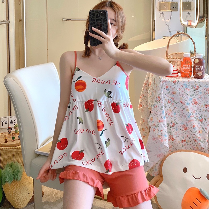 Bộ đồ ngủ 2 dây siêu cute- bộ đồ bầu chất thun cotton thoáng mát, thiết kế quần có khuy và chun  chỉnh BĐ834