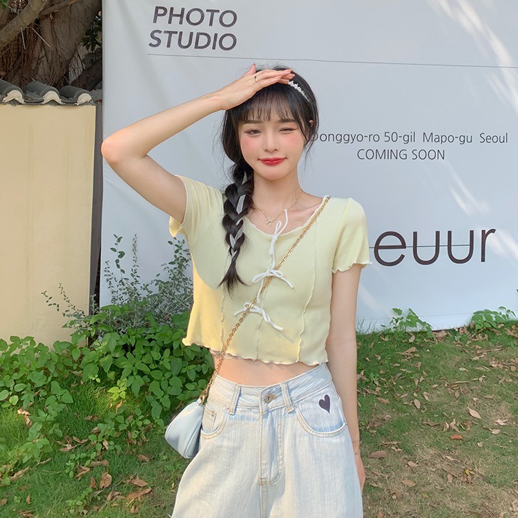 Áo thun ZHELIHANGFEI ngắn tay thắt nơ xinh xắn thời trang