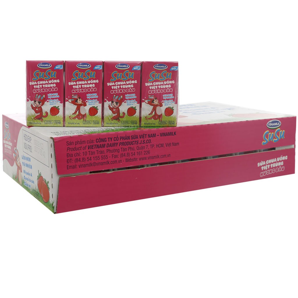 Sữa Chua Uống Tiệt Trùng Vinamilk SuSu Hương Dâu Thùng 48 Hộp x 110ml