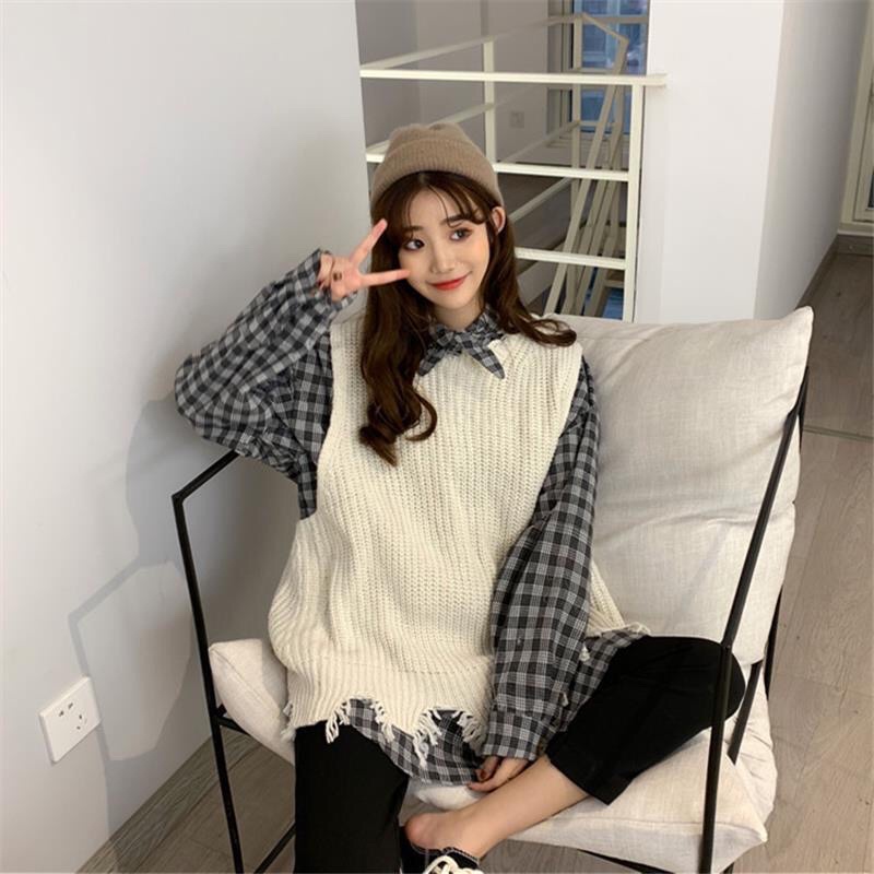 Set Áo Sơ Mi Kẻ Caro + Gile Len Caro M3 Thời Trang Hàn Quốc 2021