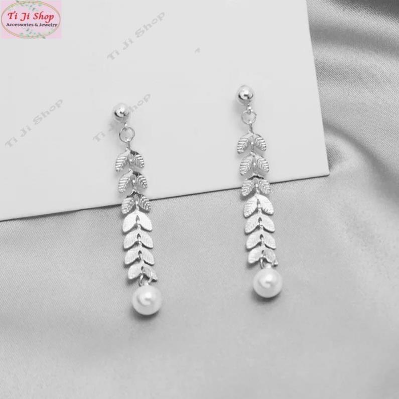 Bông tai nữ inox Hàn Quốc dáng dài sang trọng hình lá nguyệt quế  sang trọng không đen