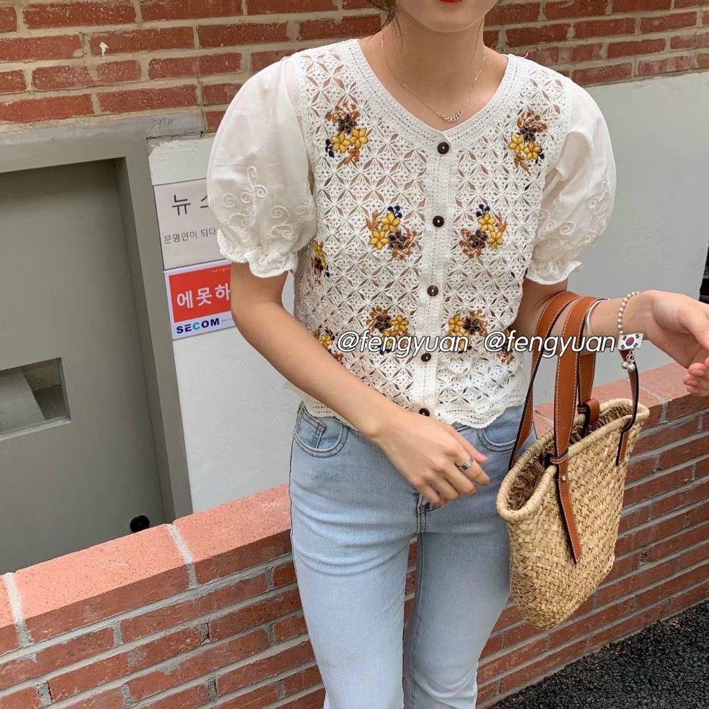 Áo thô đũi lưới thêu hoa siêu xinh Ulzzang style  Hàng Quảng Châu