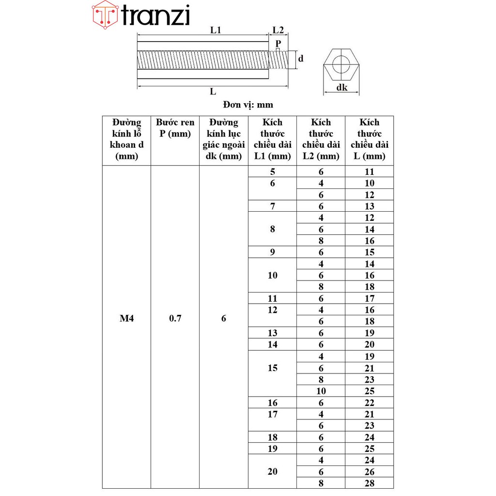 Trụ vít lục giác đực cái đồng M4x5+6 ~ M4x55+6