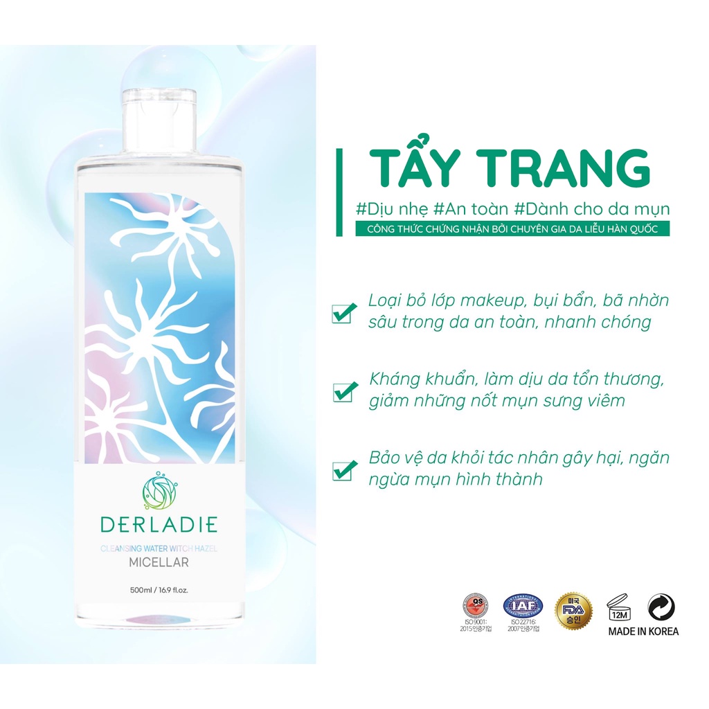 Nước tẩy trang Derladie làm sạch sâu, ngừa viêm cho da mụn Cleansing Water Witch Hazel 500ml NPP Shoptido