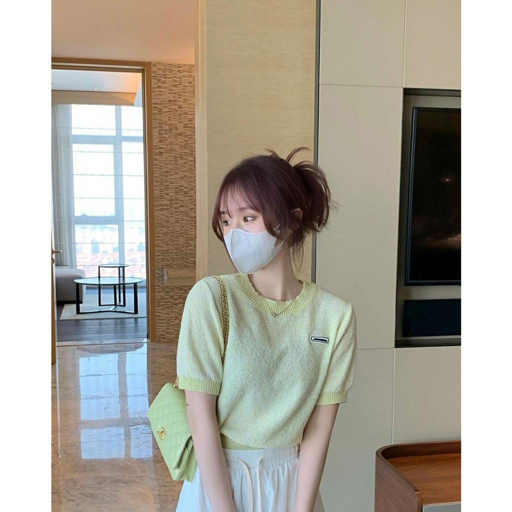 ZHELIHANGFEI Áo Sweater Cổ Tròn Tay Ngắn Dáng Ôm Vừa Vặn Màu Trơn Cho Nữ