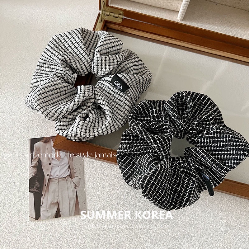 Dây Buộc Tóc Cao Su Họa Tiết Sọc Caro Trắng Đen Phong Cách retro Pháp