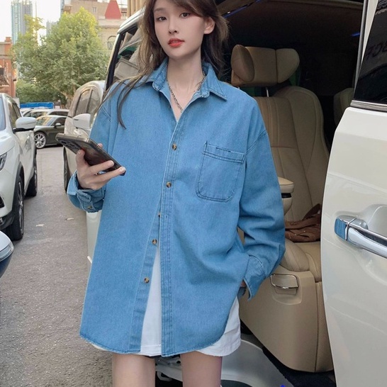 ZHELIHANGFEI Áo Sơ Mi Denim Tay Dài Form Rộng Theo Phong Cách Preppy Dễ Phối Đồ