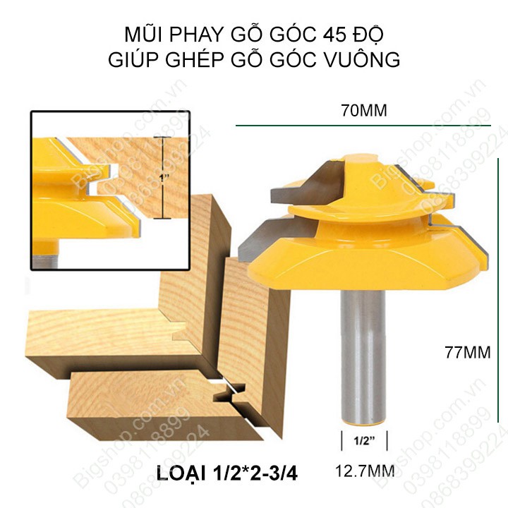 [Bigsellers] Mũi phay gỗ góc 45 độ giúp ghép gỗ góc vuông nhiều kích thước lựa chọn