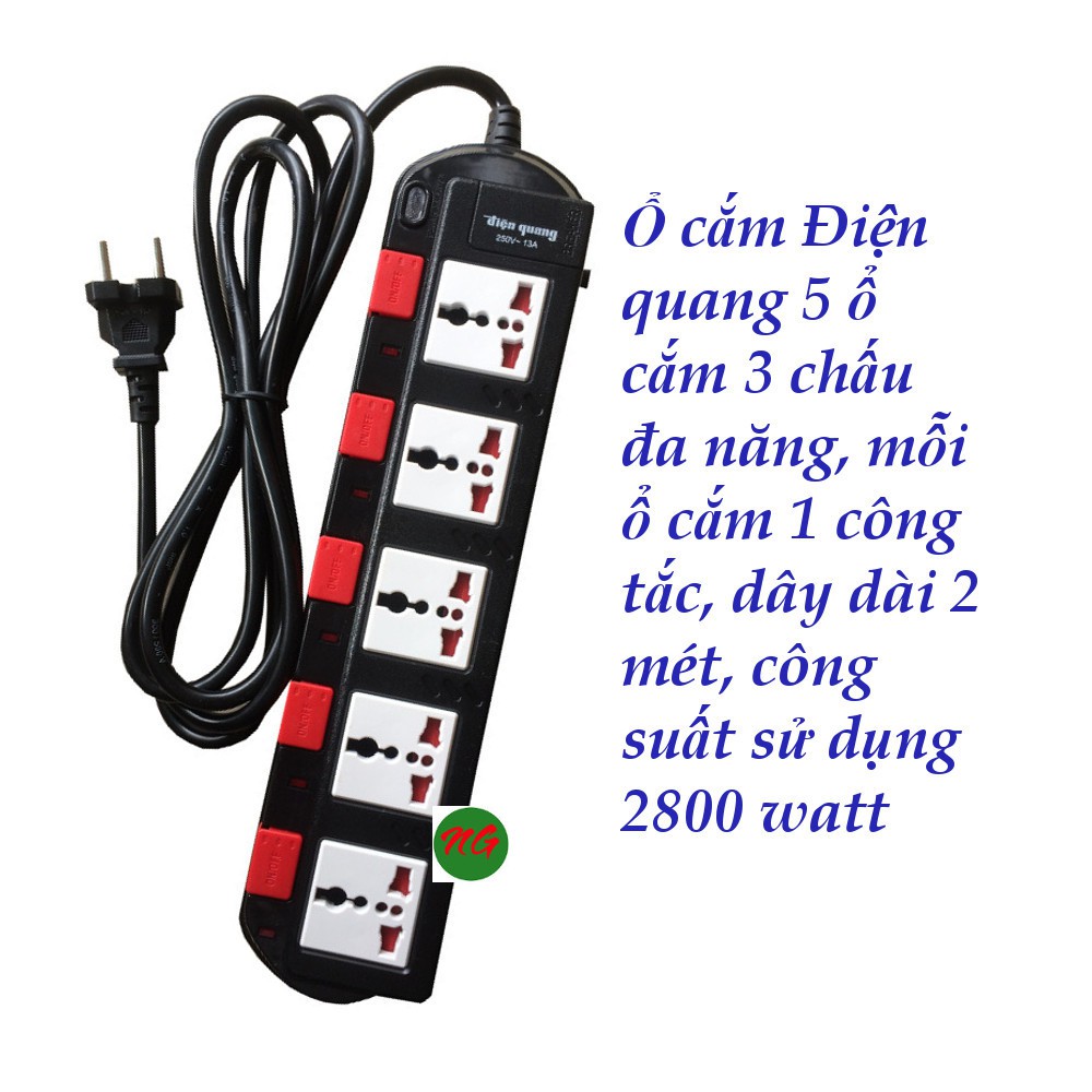 Ổ cắm điện quang 5 lổ 5 công tắc dây 2 mét - công suất 2600 watt - mỗi ổ cắm có công tắc riêng