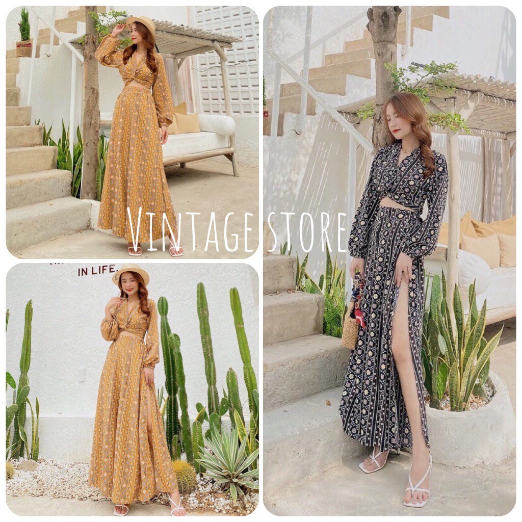 Set thổ cẩm Áo Crop đắp chéo và Quần ống loe xẻ tà, siêu tôn dáng VINTAGE STORE