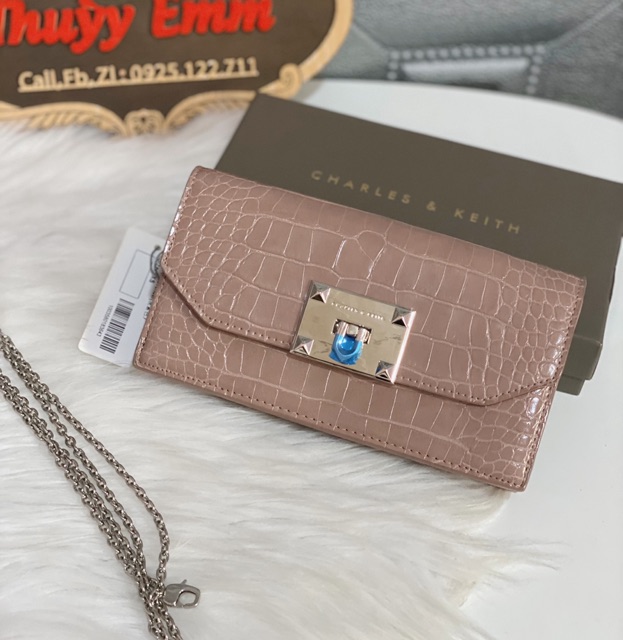 Cầm tay clutch ví ck vân rắn khoá gập có dây đeo