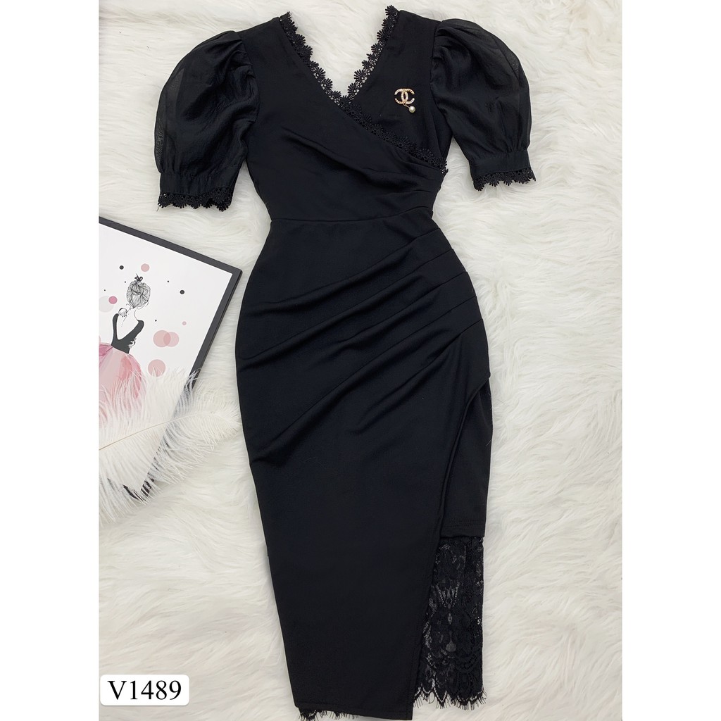 Váy đen body phối ren tay bồng V1489 - Đẹp Shop DVC (Kèm ảnh thật trải sàn do shop tự chụp) | BigBuy360 - bigbuy360.vn