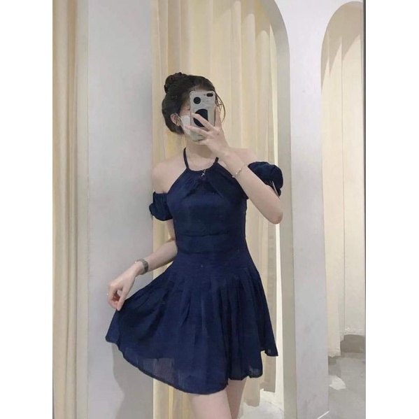Đầm xanh đen cổ yếm DD181