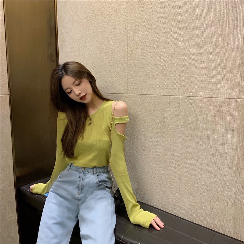 COZOK Áo thun dệt kim tay dài màu sắc đơn giản thời trang cho nữ