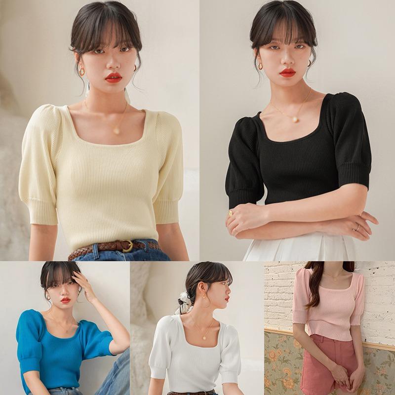 Áo thun tay ngắn cổ vuông màu sắc đơn giản thời trang cho nữ