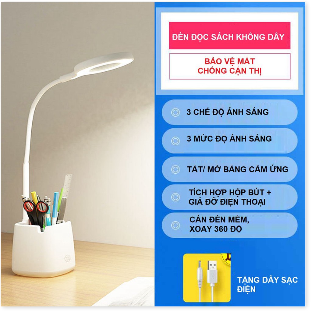 Đèn Bàn Học Đọc Sách LED Chống Cận 03 Chế Độ Ánh Sáng Vàng Bảo Vệ Mắt Có Hộp Bút Và Giá Để Điện Thoại