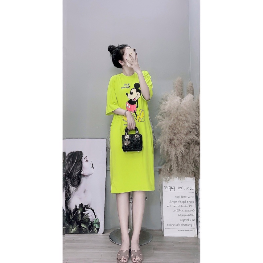 Đầm suông dài, váy suông bầu chất cotton in hình mickey