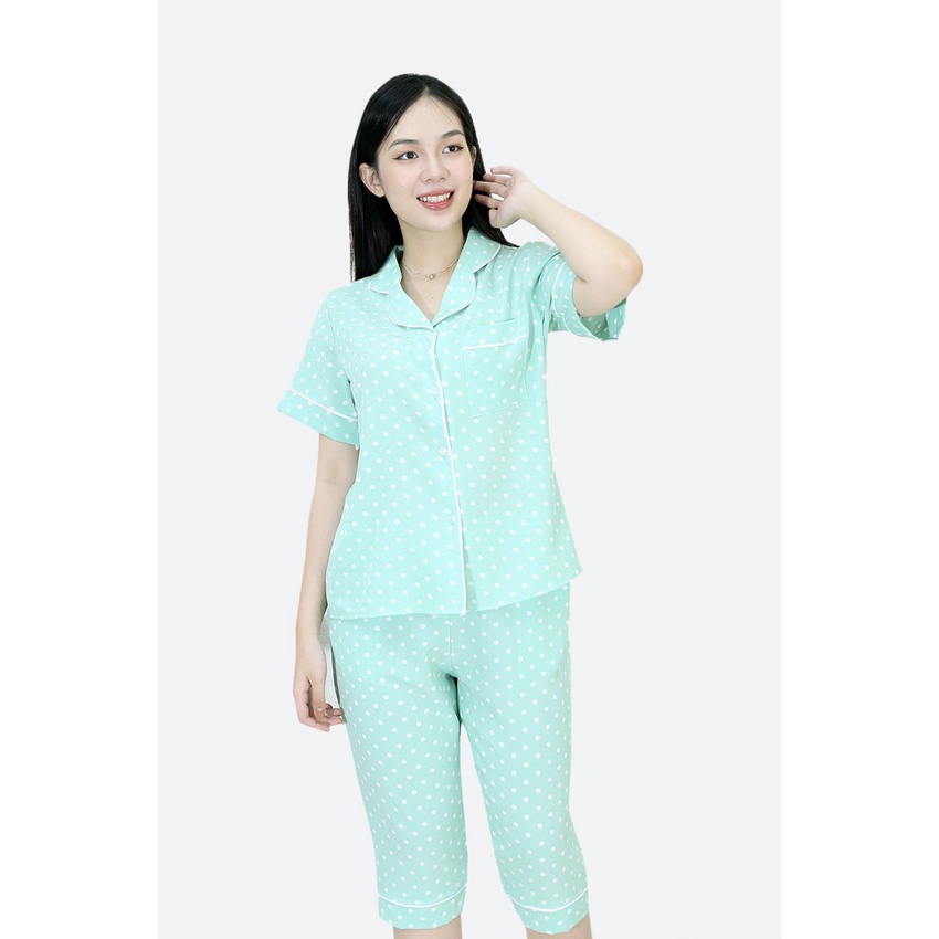 [HÌNH THẬT] Bộ đồ Pijama lửng mặc nhà MÀU XANH NGỌC CHẤM BI - Vải Siêu Lụa Cao Cấp - Mềm Mại Êm Ái