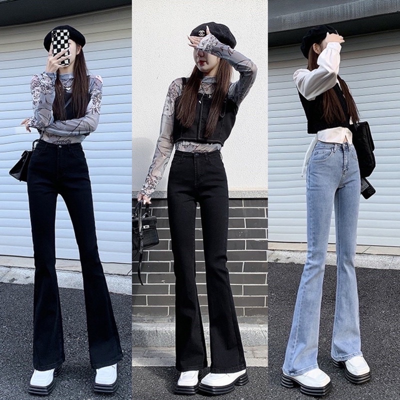 Quần jean nữ 97cm ống loe may gấu lưng cao dáng ôm skinny quần bò nữ cạp cao ống đứng loe nhẹ